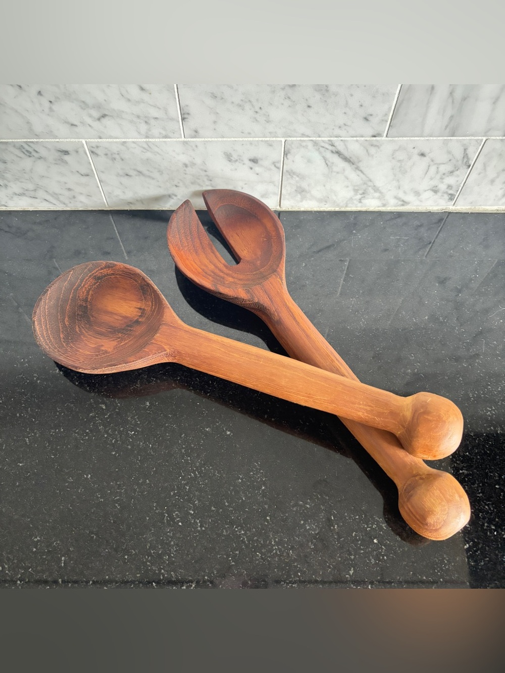 Vintage Pair of Mid Century Rustic Primitive Wood Salad Serving Utensils